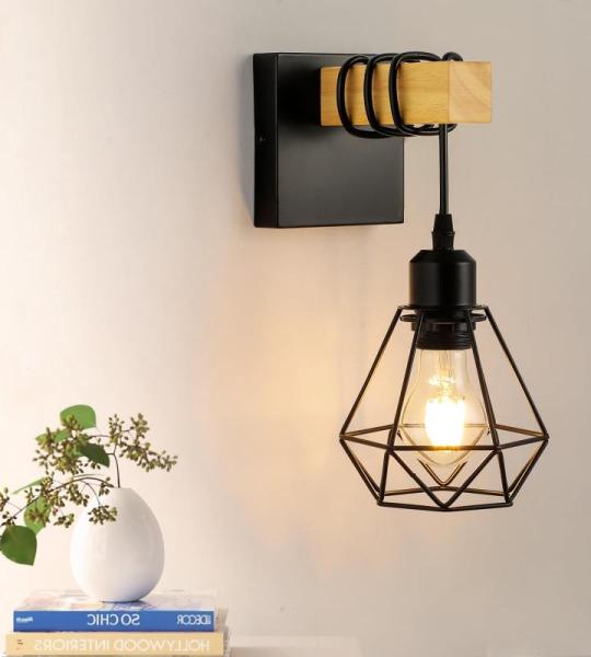 Wandlamp voor binnen, vintage wandlamp van hout en metaal, E27 wandverlichting, zwart/bruin, retro industriële wandlamp, armaturen, voor binnen en woonkamer, slaapkamer, hal, trap