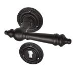 Antieke deurbeslag deurkrukgarnituur deurklink en rozetten voor kamerdeuren (bonte baard) model 1900 ijzer zwart