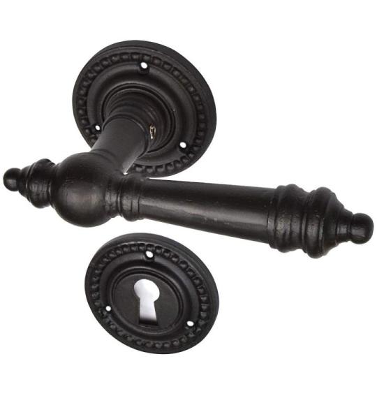 Antieke deurbeslag deurkrukgarnituur deurklink en rozetten voor kamerdeuren (bonte baard) model 1900 ijzer zwart