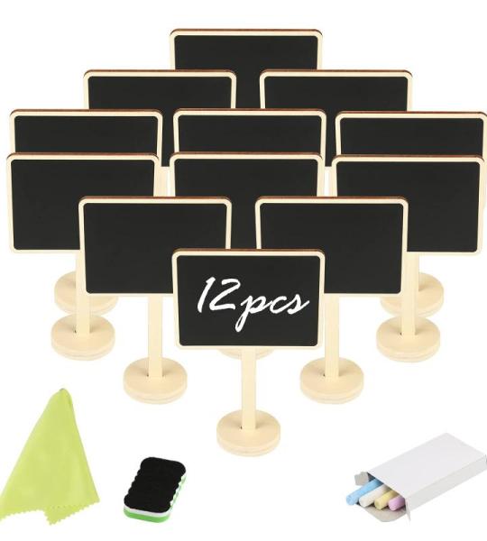 Mini-decoratiebord, houten krijtbord, klein, met standaard, message board, bordjes, tafelkaarten, naambordje, prijskaart, tafeldecoratie voor vintage bruiloft, verjaardag, feest, e