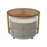 Ronde salontafel, set van 2 met goudkleurig metalen frame en bruine glazen plaat, moderne bijzettafel, woonkamertafel, banktafel met 2 laden, 70 x 70 x 45 cm + 50 x 50 x 40 cm (gri