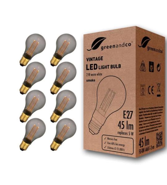 8x  Vintage Design LED lamp voor sfeerverlichting E27 A60 Edison lamp 2W 45lm 2000K rook extra warm wit 320° 230V flikkervrij, niet dimbaar
