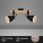 Verlichting plafondlamp retro met houten balken, 2-vlammige plafondlamp vintage, E27 fitting max. 40 watt, verstelbare lampenkappen, rustieke plafondspot, zwart-hout 2406-025