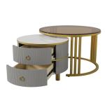 Ronde salontafel, set van 2 met goudkleurig metalen frame en bruine glazen plaat, moderne bijzettafel, woonkamertafel, banktafel met 2 laden, 70 x 70 x 45 cm + 50 x 50 x 40 cm (gri
