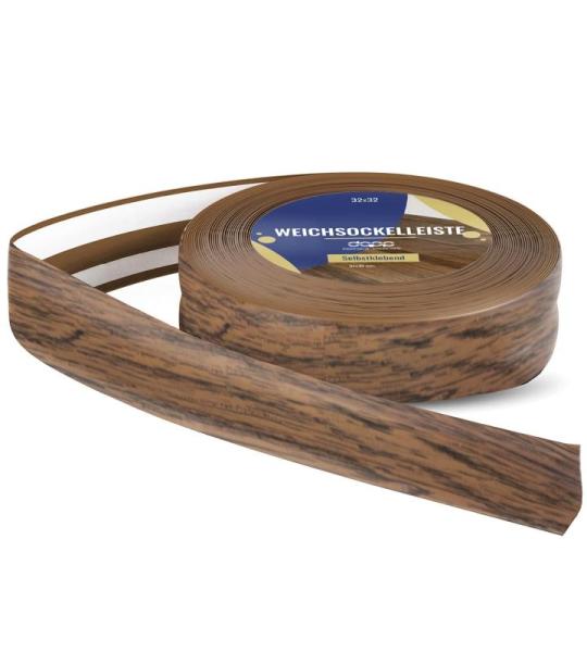 Zachte plint, 200 m (8 x 25 m), rustiek eiken, 32 x 23 mm, pvc, zelfklevend, knikhoek plint, hoekprofiel, aansluitprofiel, vloerlijst, rubberen plint