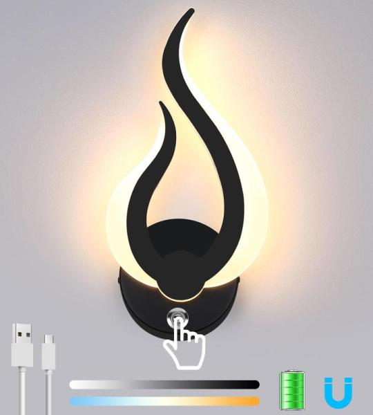 Accu wandlamp dimbaar LED wandlamp draadloos binnenwandlamp magneet met aanraakschakelaar 3 kleurtemperaturen voor woonkamer slaapkamer gang oplaadbare wandlampen, zwart