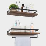 Zwevende houten wandplank, wandgemonteerde zwevende planken met handdoekhouder, rustieke opbergplanken, ideaal voor woonkamer, slaapkamer, hal, badkamer, 2 stuks (donkerbruin)