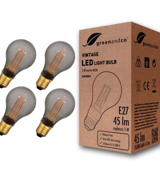 4x  Vintage Design LED lamp voor sfeerverlichting E27 A60 Edison lamp 2W 45lm 2000K rook extra warm wit 320° 230V flikkervrij, niet dimbaar