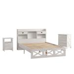 Complete slaapkamerset, modern design, houten bed + nachtkastje + commode, 140 x 200 cm, tweepersoonsbed met opbergfunctie, nachtkastje met 2 laden en een vak (wit 2)