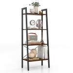 Boekenkast, rek met 4 niveaus, houten ladderrek, met kantelbeveiligingen en verstelbare voetkussens, metalen frame, voor woonkamer, werkkamer en kantoor (rustiek bruin)