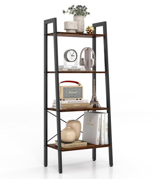 Boekenkast, rek met 4 niveaus, houten ladderrek, met kantelbeveiligingen en verstelbare voetkussens, metalen frame, voor woonkamer, werkkamer en kantoor (rustiek bruin)