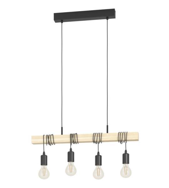Pendelleuchte Townshend Holz Vintage, Hängelampe Esszimmer, Hängeleuchte 4-flammig, rustikale Retro Lampe im Industrial Design mit E27 Fassung, schwarz, braun, FSC zertifiziert