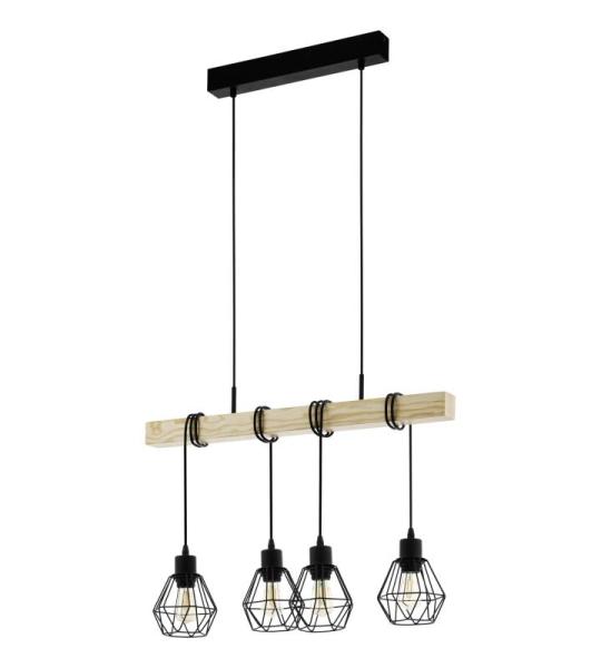 hanglamp Townshend 5, 4-lichts vintage pendellamp in industrieel ontwerp, retro plafondlamp hangend van staal en hout, kleur zwart, bruin, FSC gecertificeerd, E27