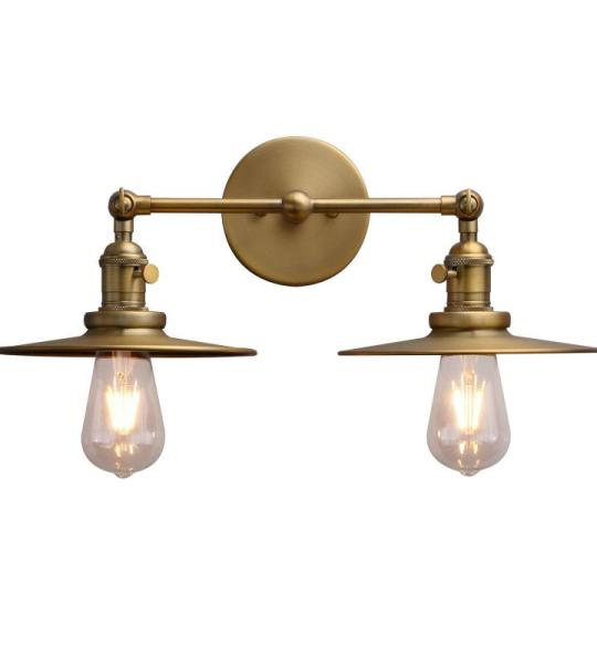 Wandlamp, 2 vlammen, metalen kap, vintage industriële loft wandlamp, antiek decoratief design, landhuisstijl, E27, wandverlichting, keukenwandlamp (antieke kleur)