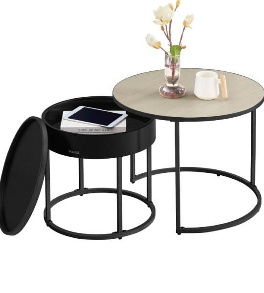 Salontafel rond, set van 2, bijzettafel, bijzettafel, modern, verborgen opbergruimte, dienblad, voor woonkamer, slaapkamer, balkon, natuurbeige-inktzwart LCT044K67