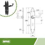 - Set von Türklinken Mod. 100PG | 280 x 44 mm | Klinke aus Zamak mit Stahlplatte | Schwarz | Inklusive Schlüsselrosette für Gorjaschloss | 8 mm Vierkant | Handgeschmiedeter rust
