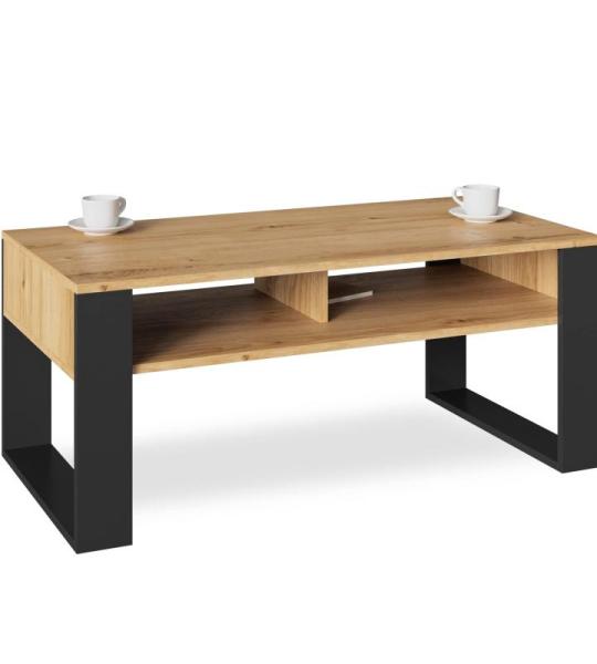 Artisan-salontafel, retro loftbank, open dubbele plank, glijpoten, ideaal voor koffiekransen, gelamineerde plaat, groot oppervlak, gegarandeerde stabiliteit.