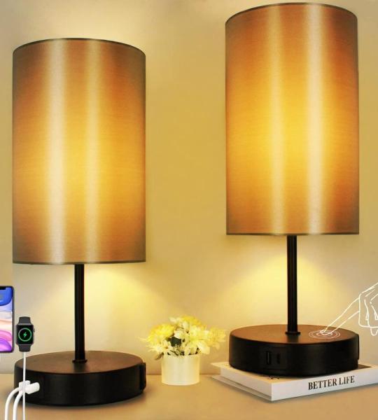 Set van 2 bedlampjes, touch dimbaar, E27 tafellamp met 2 USB-oplaadfunctie, 3-weg dimbare tafellamp zwart met kap voor cadeau slaapkamer kantoor, incl. 6 W warm wit
