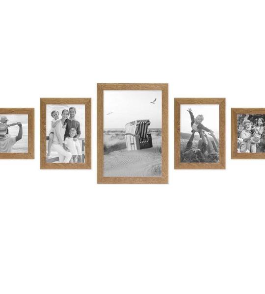 Fotolijstset hout eiken-look, 5-delige frameset nr. 3 echt houten frame rustiek, strandhuis, Made in Germany, echt glas, om op te hangen, extra accessoires - drijfhoutlook met een 