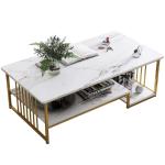 Witte salontafel met opbergruimte, 39" rechthoekige banktafels met open plank voor woonkamer, middentafel salontafel met marmeren afwerking en metalen frame voor woonkamer, eetkame
