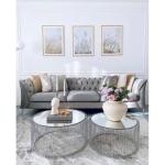 Design salontafel Wire (2/set), zilver, 63/53 cm diameter, bijzettafel, nachtkastje, stalen frame, tafelblad van veiligheidsglas, woonkamer, rond, 34 x 70 x 70 cm (H/B/D)