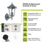 Buitenlamp voor aan de muur, glas, aluminium, donkergrijs, IP44, terras, hoogte: 36 cm, E27, staande nostalgische wandlantaarn, tuin Paris