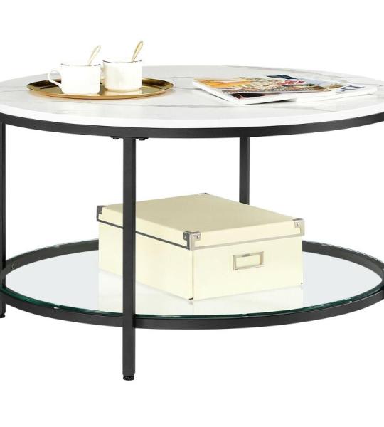 Salontafel, woonkamertafel, banktafel, voor woonkamer, met glasplaat, veel opbergruimte, eenvoudige montage, moderne stijl, marmerwit-inktzwart LCT071B13