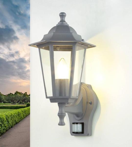 Outdoor wandlamp met bewegingsmelder glas aluminium donkergrijs IP44 huis B: 17 cm E27 sensor lantaarn nostalgische buitenlamp PARIS