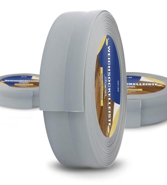 DQ-PP Zachte plint, 25 m, asgrijs, 32 x 23 mm, pvc, zelfklevend, knikhoek plint, hoekprofiel, aansluitprofiel, vloerlijst, rubberen plint