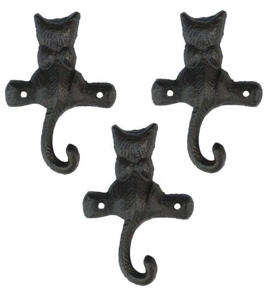 Set van 3 garderobe kat wand gietijzer kleding handdoek metaal rustieke sleutel vintage decoratieve wanddecoratie met schroeven antiek donker roest