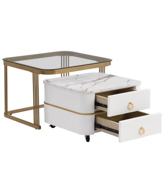 Nestbare salontafel: hoogglans marmeren buitenkant en glazen tafelblad, gouden decoratie, bijzettafel met lade. Set van twee