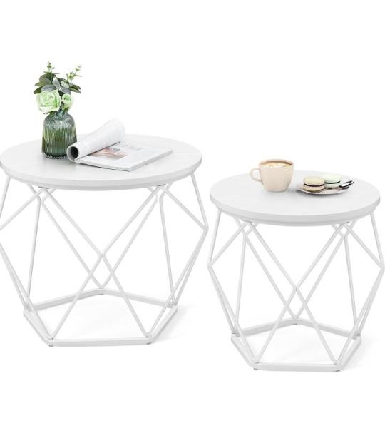 Salontafel rond, set van 2, woonkamertafel, bijzettafel, modern, afneembaar tafelblad, voor woonkamer, sneeuwwit-wolkenwit LET040W46