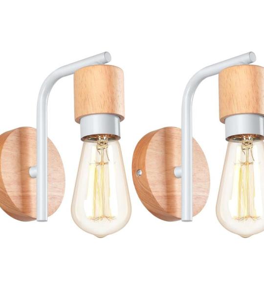 2 stuks vintage wandlampen voor binnen, industriële wandverlichting, E27, retro lamp van metaal en hout, vintage wandlamp voor woonkamer, eetkamer, slaapkamer, hal, keuken, wit