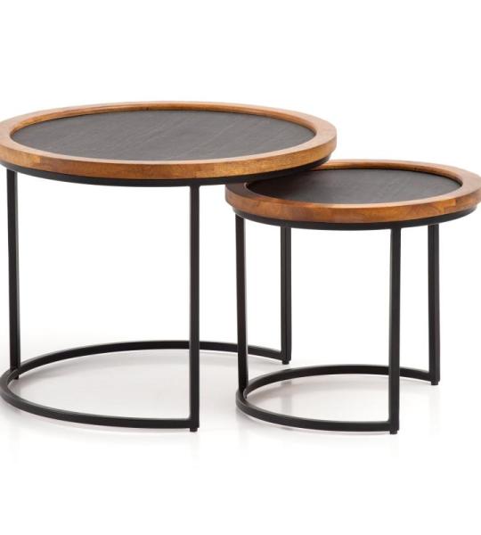 Salontafel, set van 2 stuks, massief hout/steenlook, woonkamertafel met metalen frame, moderne koffietafel, sofatafel, 2-delig, bruin/antraciet