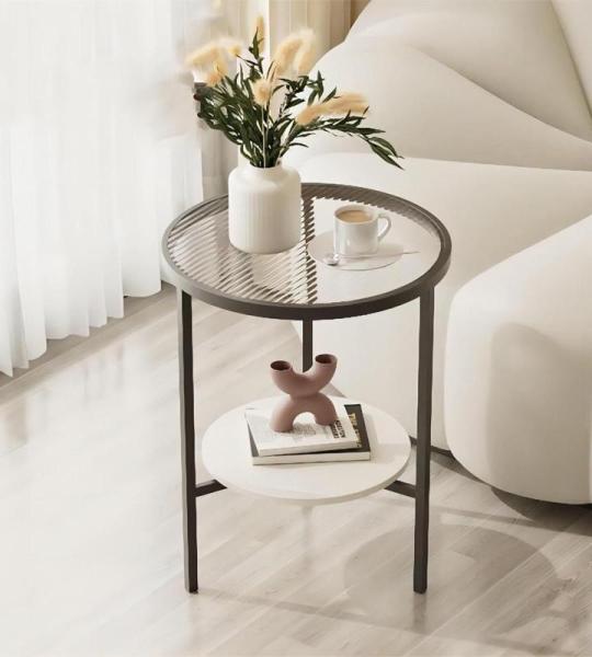 Mid Century Moderner Couchtisch mit 2 Etagen, Glas mit Stauraum und rundem Metall-Beistelltisch für kleinen Raum, Beistelltisch für Wohnzimmer, Schlafzimmer, Schlafsaal, stilvoll