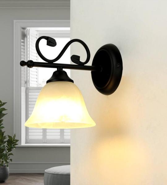 Wandlamp landhuis, wandlamp antiek, zwart, wit, glazen kap, lage schittering, slaapkamer, woonkamer, D:23 cm, E14, rustiek, wandlamp landhuisstijl