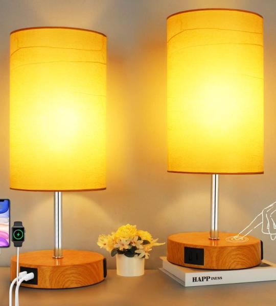 Nachtlampje set van 2 Touch Dimbare LED-tafellamp met USB A Type C aansluitingen, tafellamp E27 houtnerf voor slaapkamer, incl. 6W 600lm LED-lamp