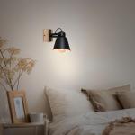 Lampen wandlamp retro met hout, 1-lamp wandlamp vintage, E27 fitting max. 40 watt, verstelbare lampenkap, rustieke wandspot, zwart-hout 2406-015