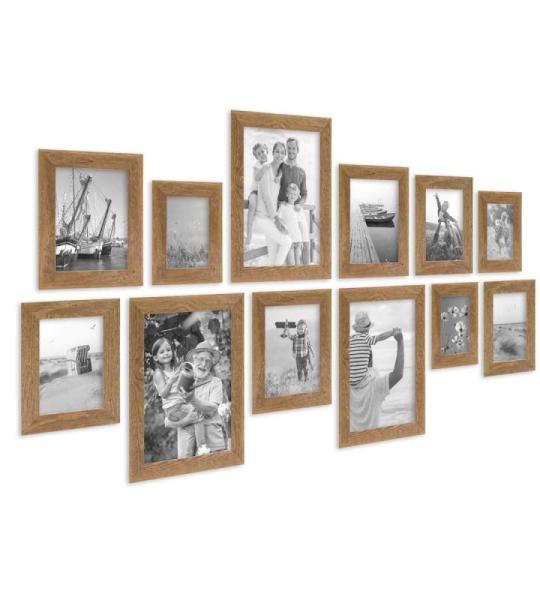 Fotolijsten set van 12 houten lijsten in eiken-look, rustiek houten frame, strandhuis, Made in Germany, echt glas, om op te hangen, extra accessoires, drijfhoutlook met een vleugje