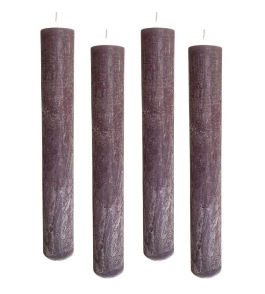 Set van 4 rustieke staafkaarsen, H: 24 cm Ø: 3,4 cm, 24 uur brandduur, dikke kaarsen, dinerkaarsen, tafelkaarsen, kerkkaarsen, kleur: paars