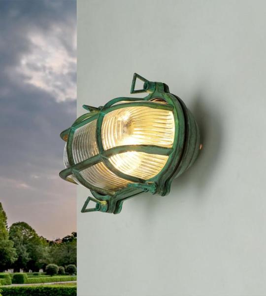 Buitenlamp messing controleglas IP64 E27 roestvrij staal, weerbestendig, zeegroen, antieke decoratieve wandlamp Ingang naar huis buiten Tuin