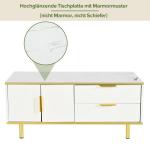 Salontafel met lade en ledlicht, moderne salontafel, woonkamertafel, tafelblad met marmerpatroon, gouden metalen decoratie, effen wit
