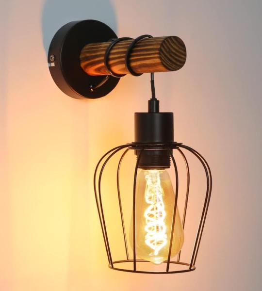 Wandlamp voor binnen, hout, vintage retro met schakelaar, industrieel design, E27, wandspot, zwart, met 1 vlam, van metaal, wandspot voor slaapkamer, woonkamer, hal, café, zonder 