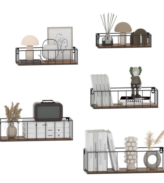 Houten planken voor muur, set van 5, zwevende wandplanken met stangen, rustieke wandplank voor slaapkamer, keuken, badkamer, woonkamer