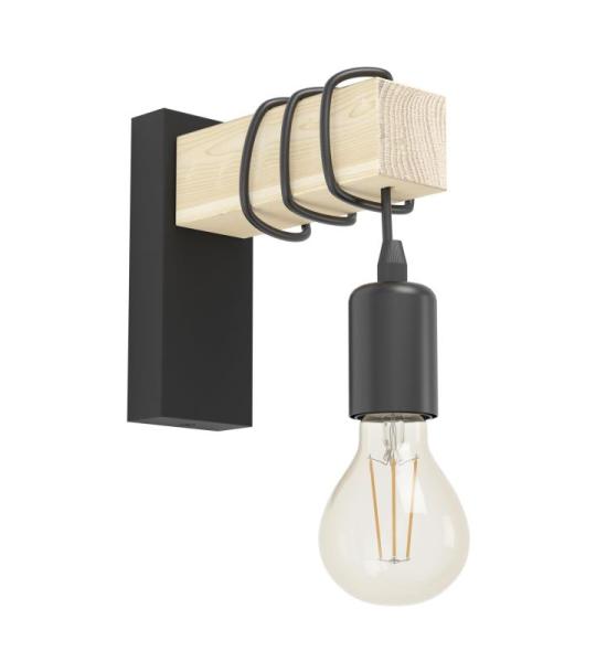 Townshend Wandlamp voor binnen, vintage wandlamp met houten balken, retro wandlamp van hout en metaal in zwart, E27, FSC-gecertificeerd