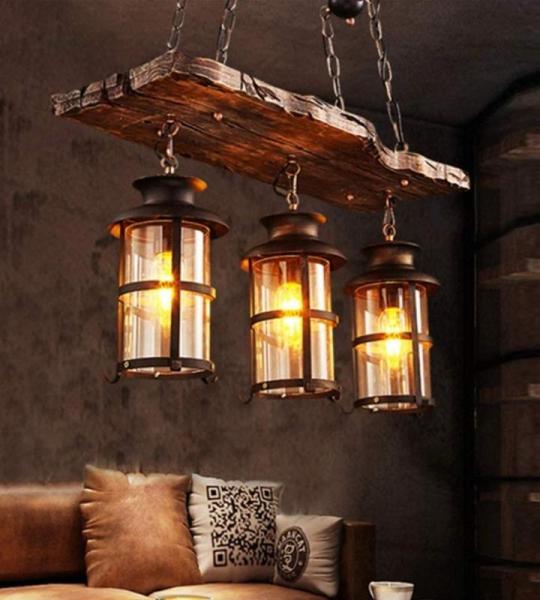 Vintage hanglamp E27 x 3 industriële hanglamp retro hout hanglamp zwart ijzer glas lampenkap in hoogte verstelbaar loft hanglamp binnen kroonluchter voor eetkamer woonkamer bar ca