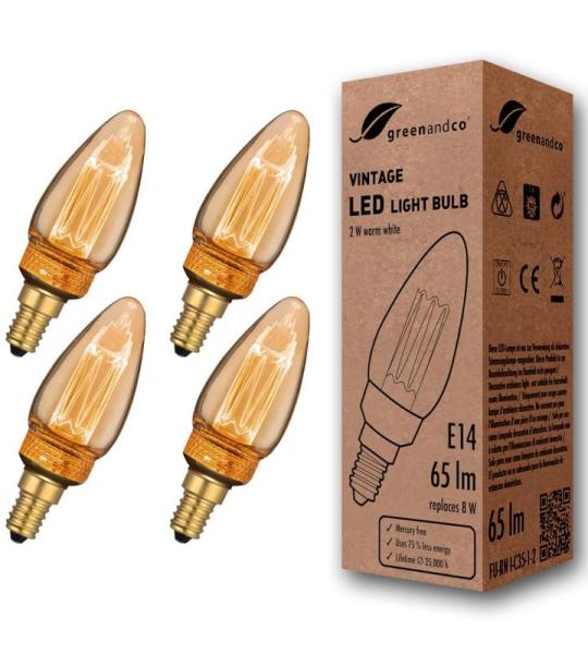 4x  Vintage Design LED lamp in retro stijl voor sfeerverlichting E14 C35 Edison lamp, 2W 65lm 1800K extra warm wit 320° 230V flikkervrij, niet dimbaar