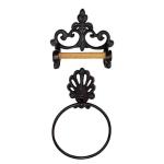 Toiletrolhouder vintage handdoekring metalen ronde handdoekhouder wandmontage ijzeren toiletpapierhouder retro houten rek keuken badkamer accessoires set zwart