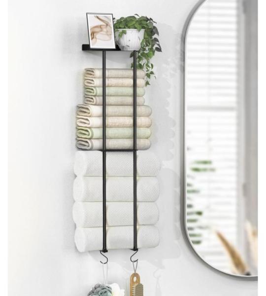Towel Racks Wall Mounted, 2 Tier Bathroom Towel Storage Organizer, 80cm Wall Towel Holder with 4 Hooks & Storage Shelf Large Capacity Rolled Towel Holders for bathrooms En Suite To