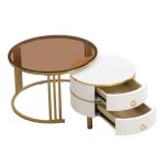 Ronde salontafel, set van 2 met gouden metalen frame en bruine glazen plaat, moderne bijzettafel, woonkamertafel, banktafel met 2 laden, 70 x 70 x 45 cm + 50 x 50 x 40 cm (wit)